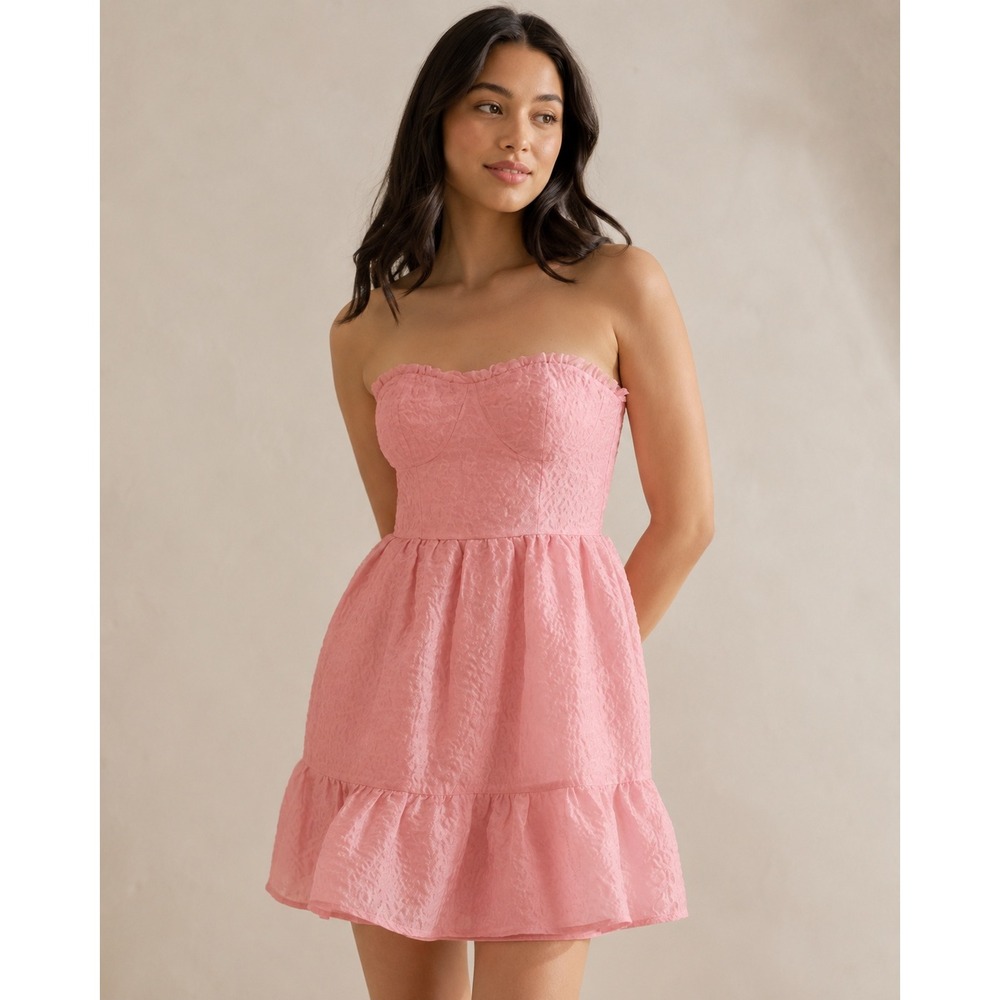 Storia‎ Pink Jacquard Strapless Mini Dress Sweetheart Ruffle Tiered Size S